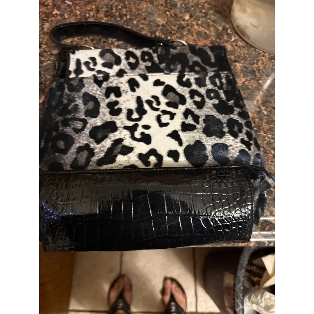 Grey Leopard Print Handbag Croc Embossed Trim Turn Lock Shoulder Bag